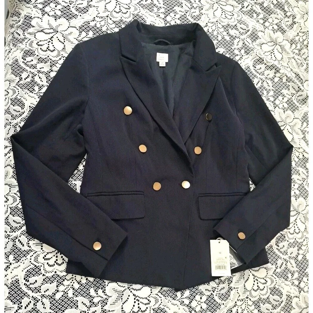 A New Day Double Breasted Blazer Size 12 Federal Blue Goldtone Buttons Lined NWT - Picture 2 of 11